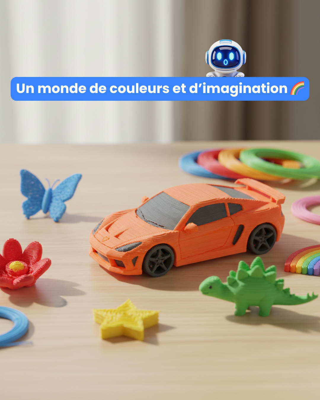 Créations colorées réalisées avec un stylo 3D : voiture orange, dinosaure vert, et papillon bleu sur une table en bois.