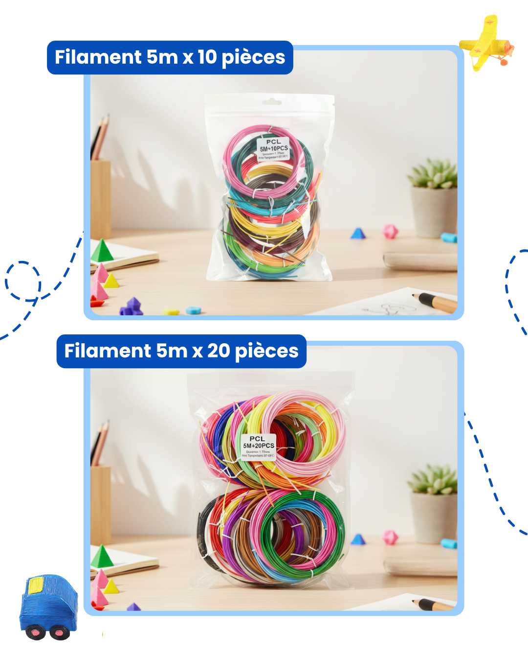 Packs de recharges de filament PCL pour stylo 3D. Un sachet de 10 couleurs (5m x 10) et un sachet de 20 couleurs (5m x 20).