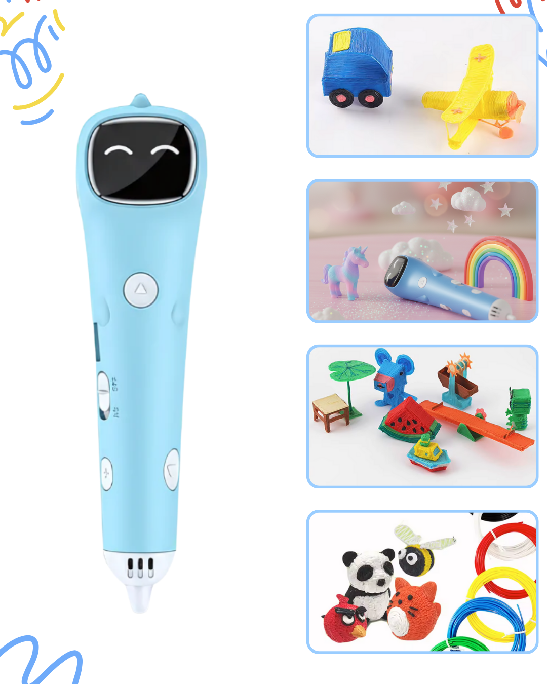 Stylo 3D Lixylab bleu avec des exemples de créations : animaux, véhicules et filaments PCL colorés pour enfants.